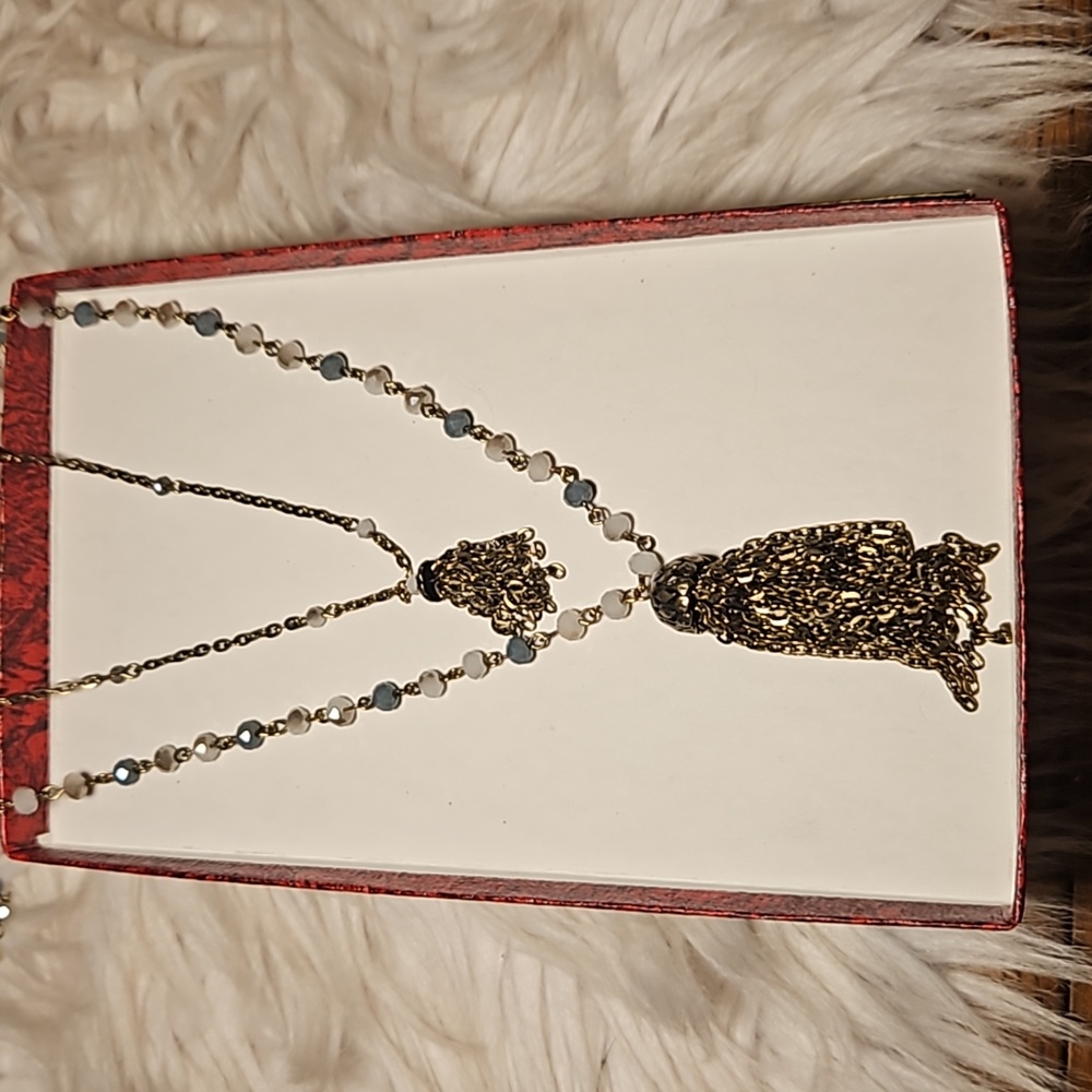 Layered Necklace Set with Tassel Charms – 12” & 21” Blue/Gray